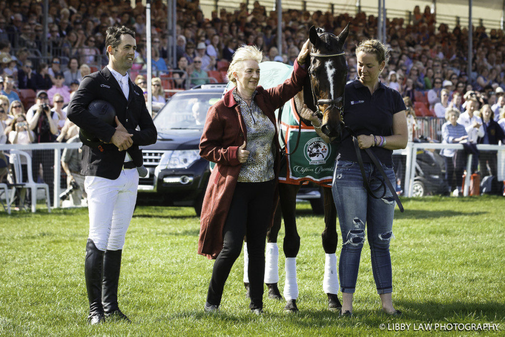 Jonathan Paget and Frances Stead (Owner) and Anky Hoyer (groom) retire their superstar Clifton Promise at the special place where they won the Title in 2013: 2016 GBR-Mitsubishi Motors Badminton Horse Trials (Credit: Libby Law Photography) 