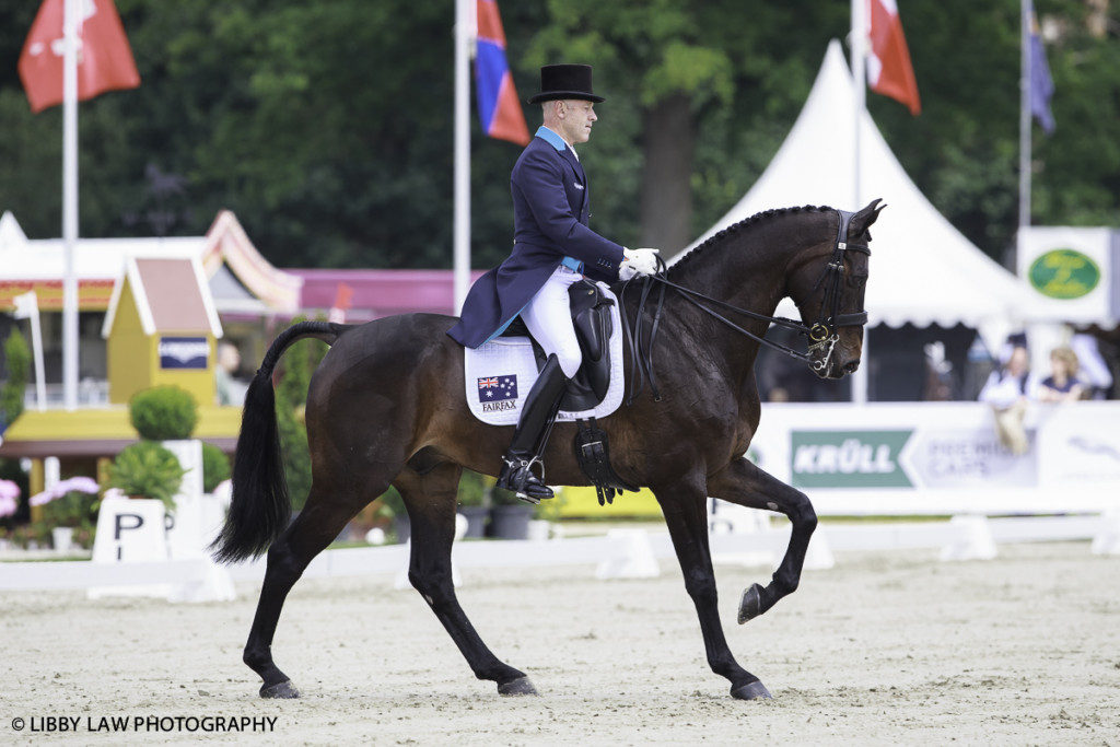 Andrew Hoy on Cheeky Calimbo lead the IC3* Meßmer Trophy Dressage after the first day of dressage at Luhmuhlen. (Image: Libby Law)