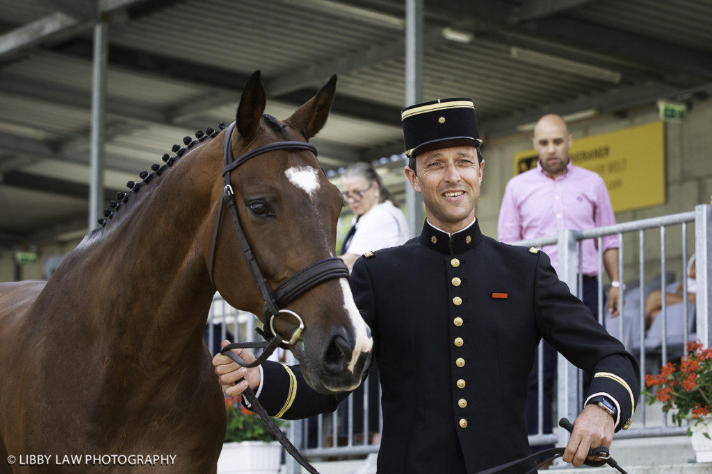 Love a man in uniform? Check out this Frenchman then. Arnaud Boiteau with Quoriano Ene HN at the first trot up at Luhmuhlen. (Image: Libby Law)