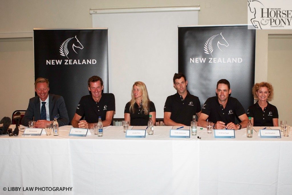 2016 Rio Olympic Games: Team New Zealand Equestrian Eventing Team and Individual Dressage representative announcement: (L-R) Erik Duvander (Chef d'Equipe); Sir Mark Todd (Eventing); Jonelle Price (Eventing); Clarke Johnstone (Eventing); Jonathan Paget (Eventing); Julie Brougham (Dressage)(Image: Libby Law)