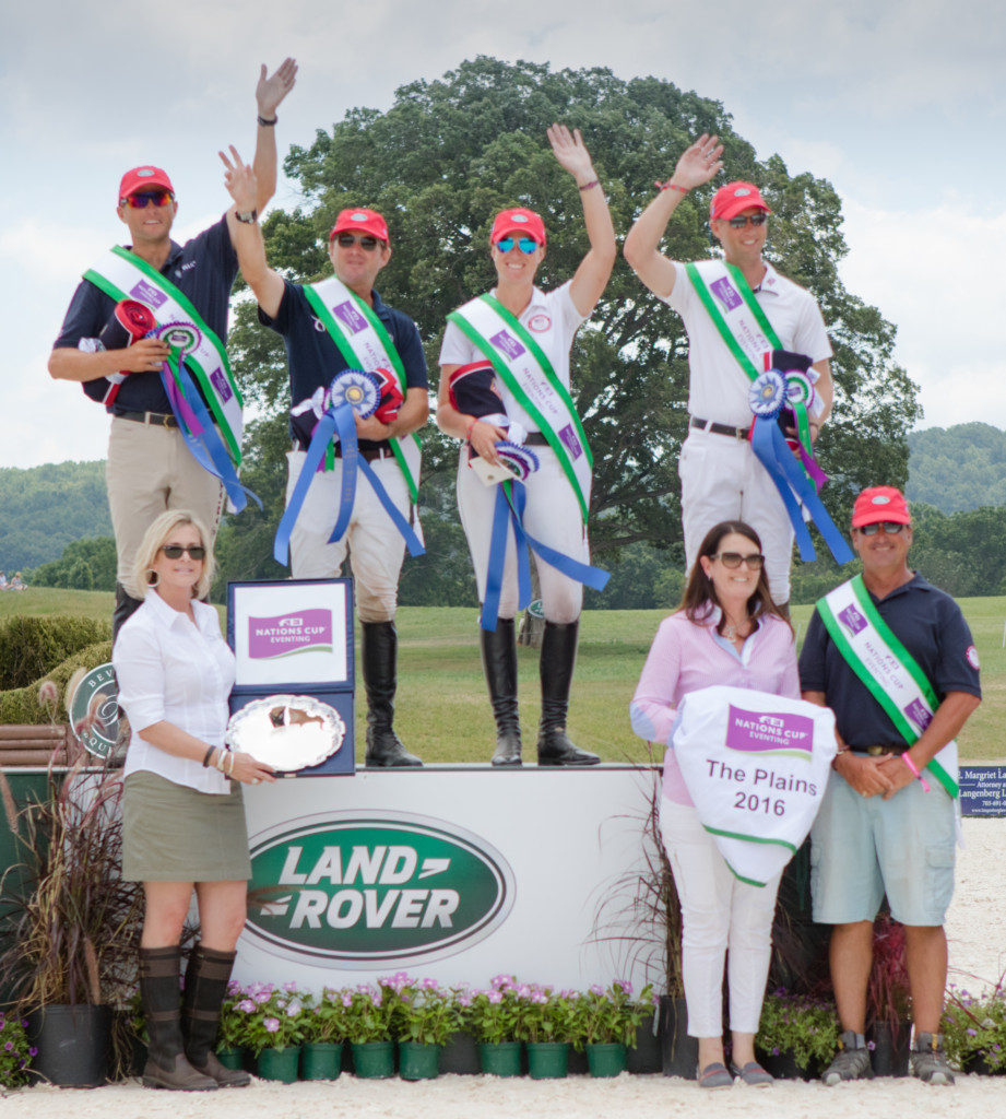 Winning US Eventing Team; (L-R) Boyd Martin, Phillip Dutton, Lauren Kieffer and Clark Montgomery on the podium with Helen McDonald and Deborah Sandford for Land Rover North America and U.S. Chef d'Equipe, David O'Connor 