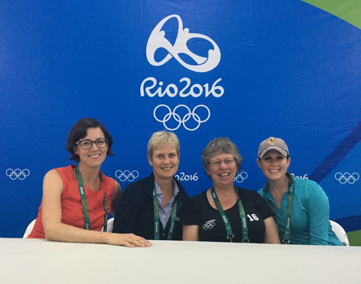 One last pose on the press conference stage for Carley (Canada), Debbie (England/Australia), me and Jenni (USA).