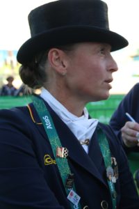 Isabell Werth being interviewed after her test - note the Kiwi pin she has (Image: Jane Thompson)