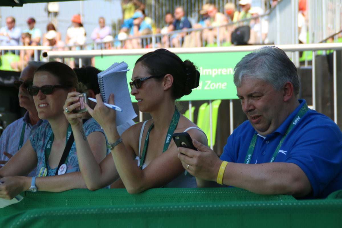 Pippa and Alice from the Horse & Hound with Andrew Baldcock hanging out in the heat of the mixed zone