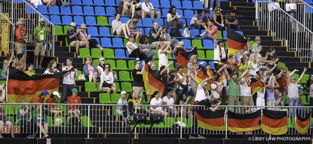 The German supporters show celebrate Ingrid Klimkes performance in the eventing dressage. (Image: Libby Law) 