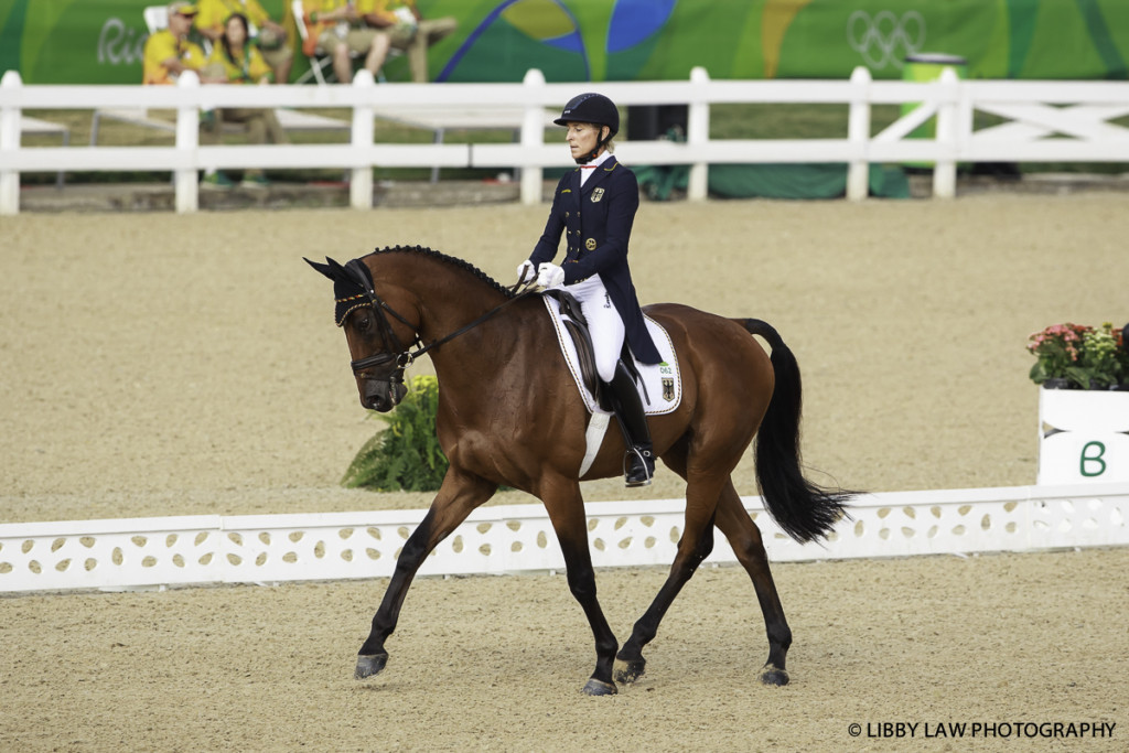 Germany's Ingrid Klimke rides Hale Bob OLD. The pair scored 39.5 and are in fourth place. The German team leads after dressage. (Image: Libby Law)