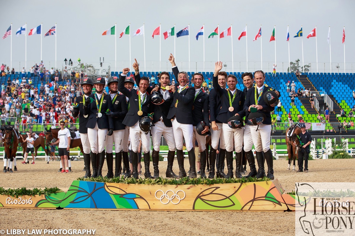 The French take Team Gold. during Team Medal Ceremony for the Equestrian Eventing. Rio 2016 Olympic Games, Centro Olímpico de Hipismo, Rio de Janeiro, Brazil. Tuesday 9 August. Copyright photo: Libby Law Photography