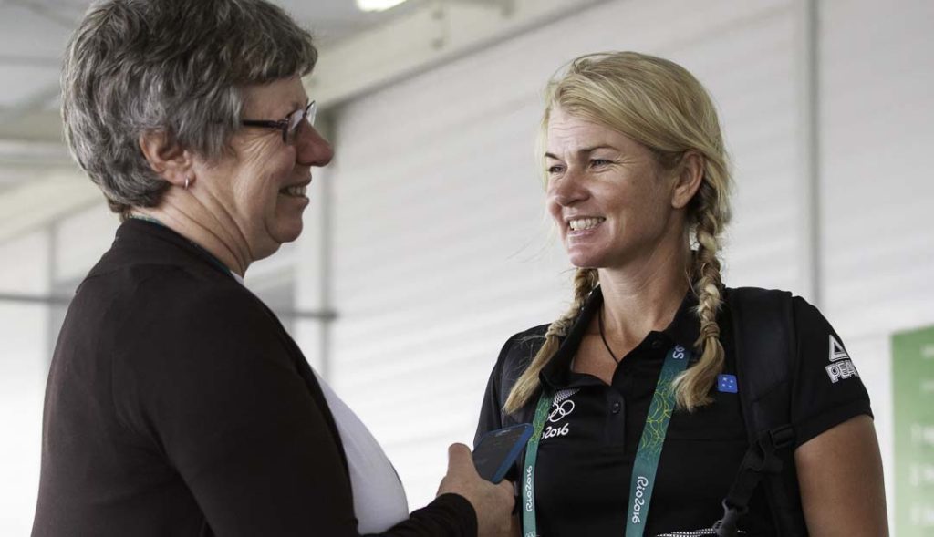 Jonelle Price speaks with Jane Thompson from NZ Horse & Pony Magazine. Team NZ Equestrian Press Conference with Julie Brougham, Jonathan Paget, Sir Mark Todd, Clarke Johnstone. 2016 Rio Olympic Games, Rio de Janeiro, Brasil (Wednesday 03 August) CREDIT: Libby Law COPYRIGHT: LIBBY LAW PHOTOGRAPHY