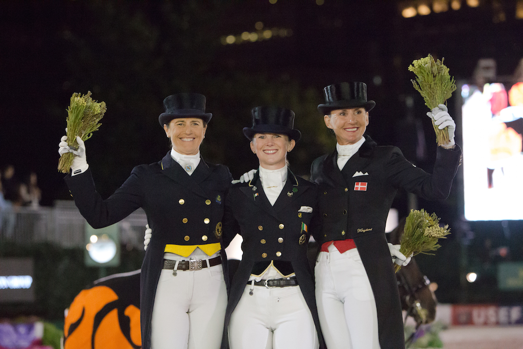 Tinne Vilhelmson-Silfven, Judy Reynolds and Mikala Gundersen on the podium in the CDI4* Grand Prix, presented by the Axel Johnson Group at the Rolex Central Park Horse Show sponsored by Land Rover