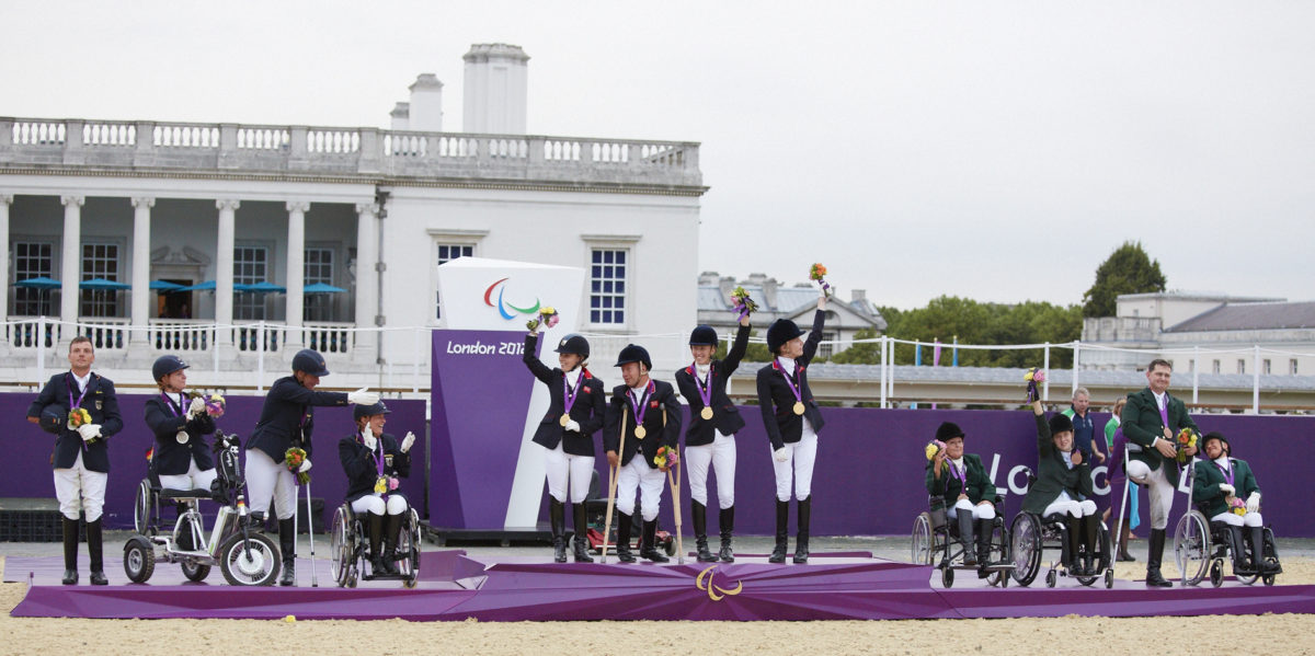 London 2012 Team podium, Great Britain in gold, Germany in silver and Ireland in bronze Photo (FEI/Liz Gregg)