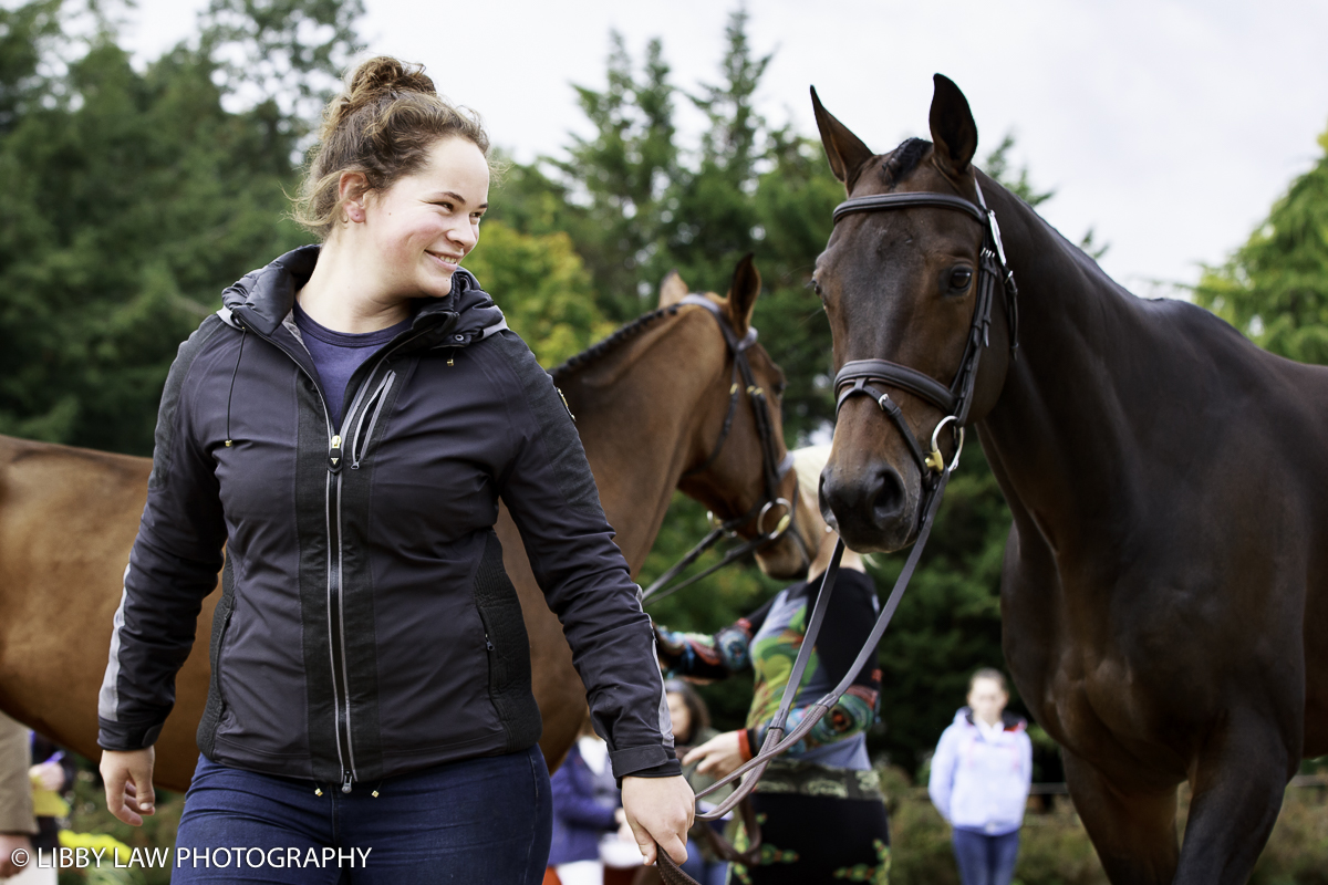 Grooming for Jonelle Price is North Canterbury's Kerryn Edmans. Here she exchange Cooley Showtime with OBOS Impressive during the CCI2*7YO First Horse Inspection (Image: Libby Law Photography)