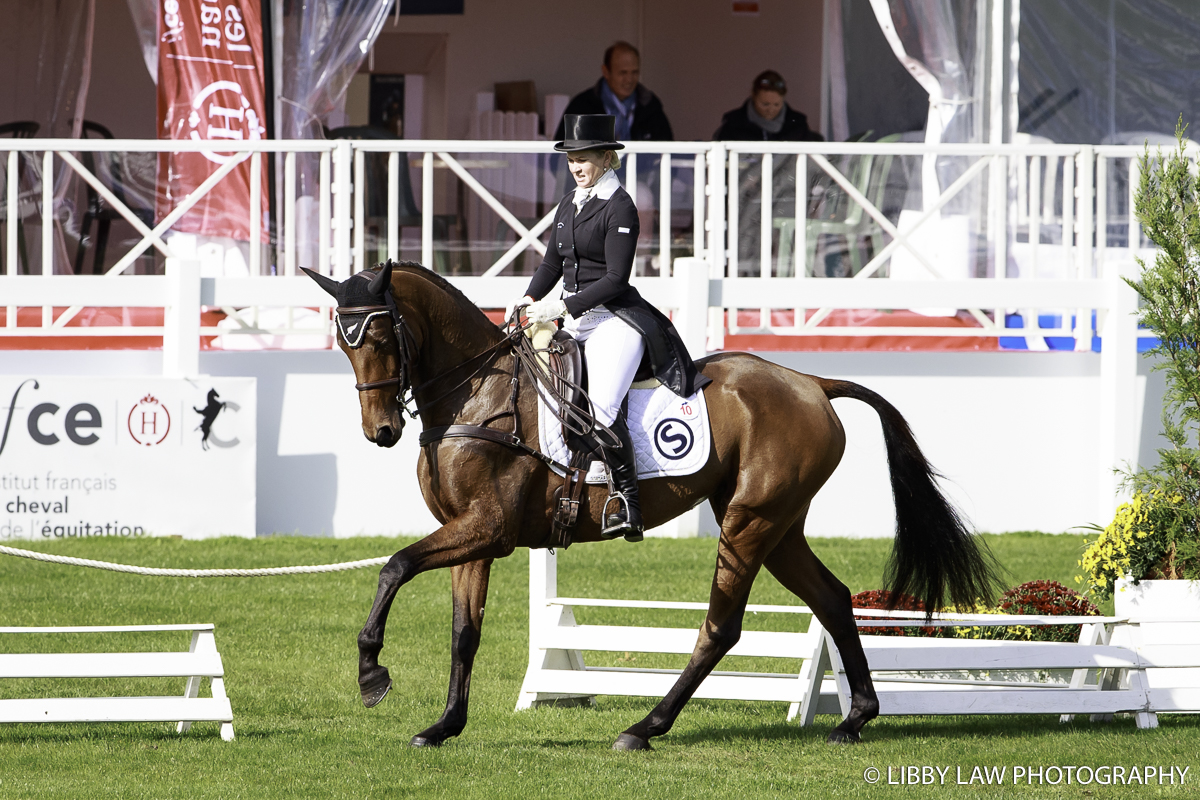 Jonelle Price on OBOS Impressive is in 15th place in the CCI2*7YO class after the first day of dressage at Mondial du Lion (Image: Libby Law Photography)