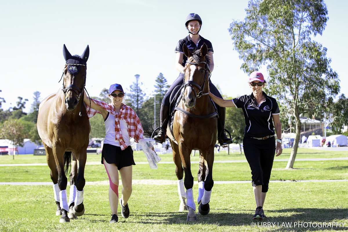 Nicola and Samantha Felton with Rica Ridge Pico Boo and Ricker Ridge Escada - heading back from the Arena Familiarisation with ESNZ Performance Director Penny Castle: (Image: Libby Law Photography)